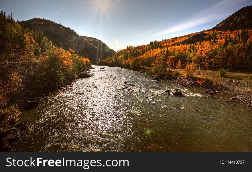 Autumn colors along Tuya River in Northern British Columbia