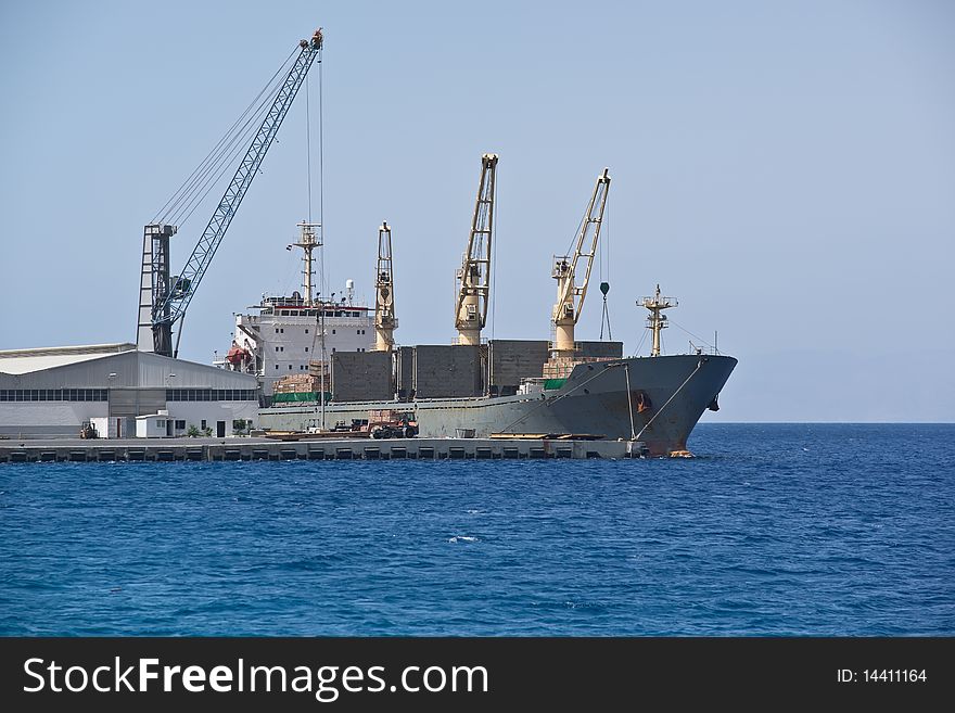 Cargo ship moored in Aqaba port. Jordan