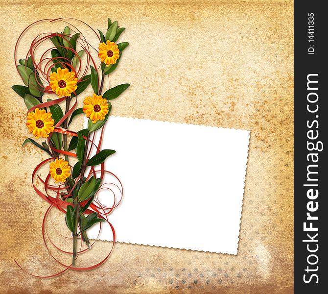 Card with bouquet on old grunge background