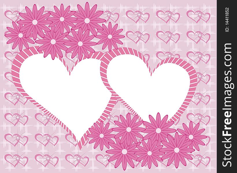 Frame with two hearts on pink