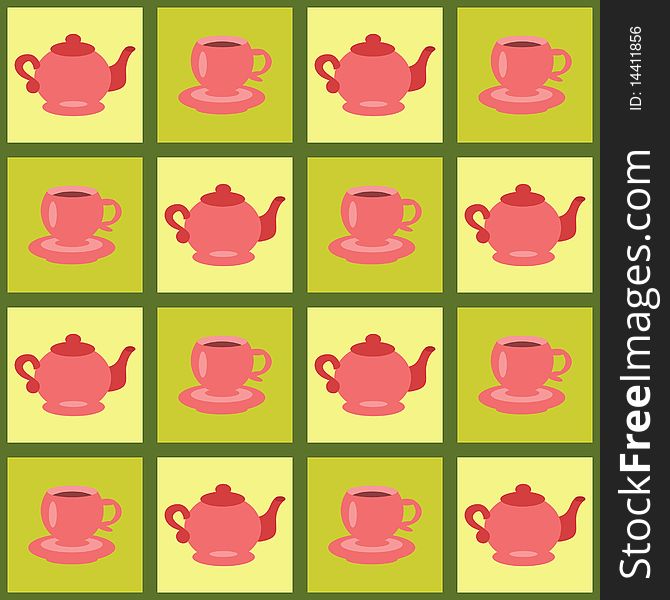 Background with teapots and cups on green