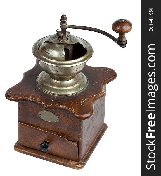 Ancient coffee grinder isolated over white background