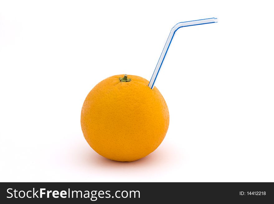 Orange with straw on a white background. Orange with straw on a white background