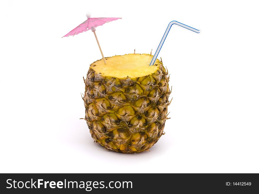 Pineapple with straw and umbrella on a white background. Pineapple with straw and umbrella on a white background