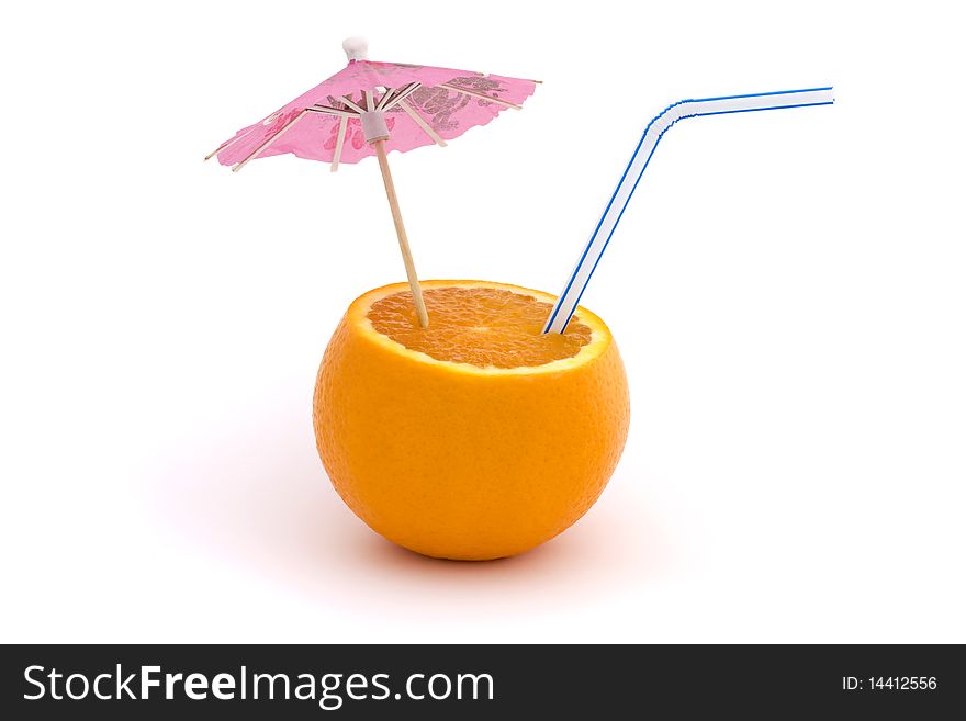 Orange with straw and pink umbrella on a white background. Orange with straw and pink umbrella on a white background