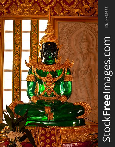 Buddha image Pra Kaew Morakot made from jade (green jewel)