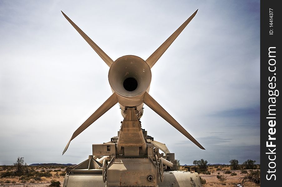 Army artillery missile launcher on display in the desert. Army artillery missile launcher on display in the desert