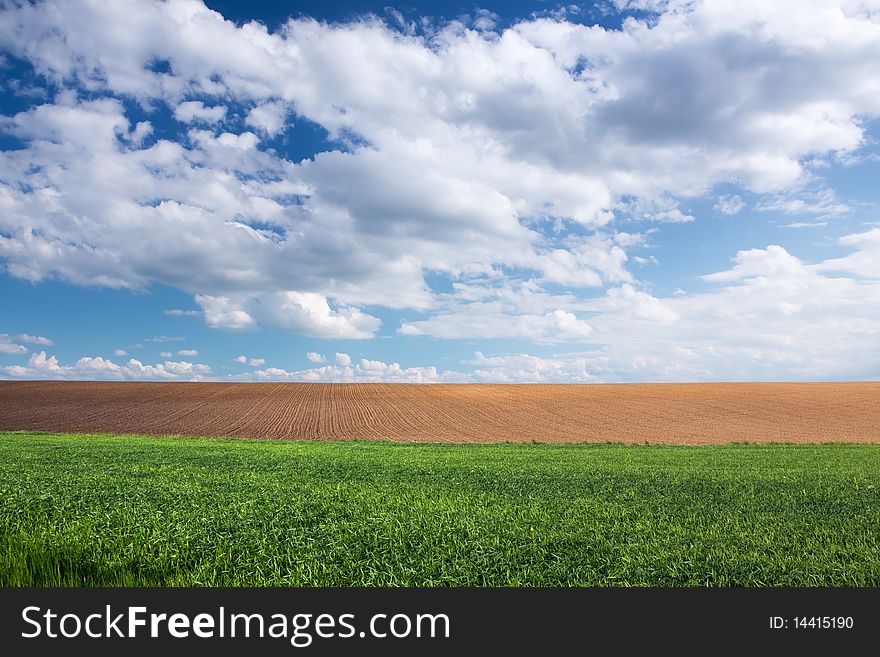 Blue cloudy sky with fresh green meadow and brown soil. Blue cloudy sky with fresh green meadow and brown soil