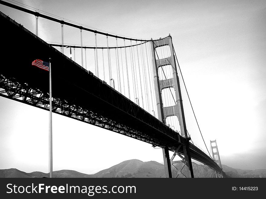 Golden Gate Bridge with American Flag taken from Fort Point