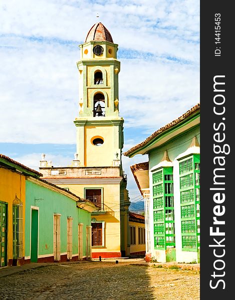 Colonial street with tower bell in historical center of Trinidad, Cuba. Colonial street with tower bell in historical center of Trinidad, Cuba