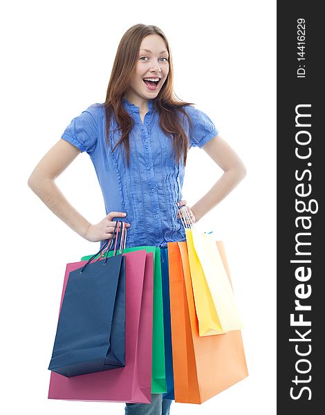 Beauty shopping woman with clored bags on white background