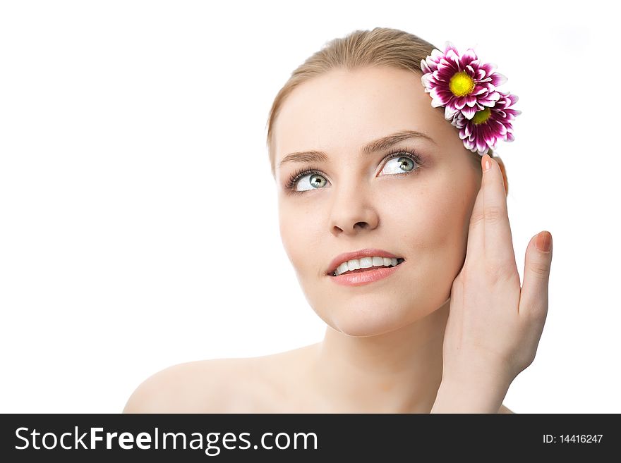 Beauty woman closeup portrait with flower isolated on white background