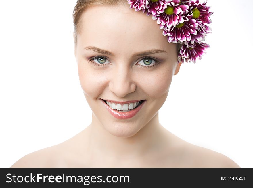 Beauty woman closeup portrait with flower isolated on white background