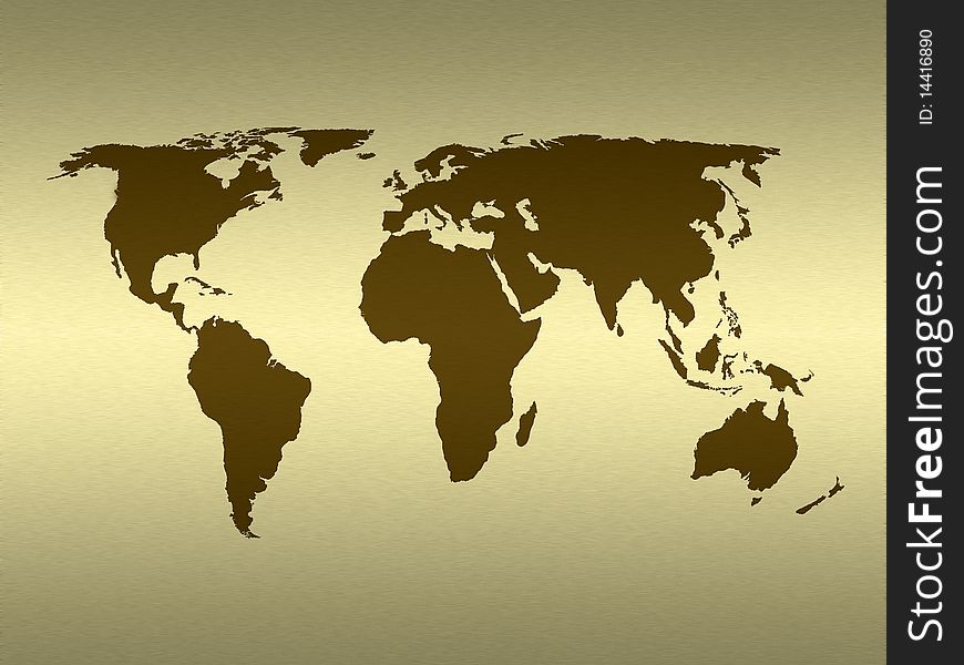 World map on simulated gold metal texture. World map on simulated gold metal texture