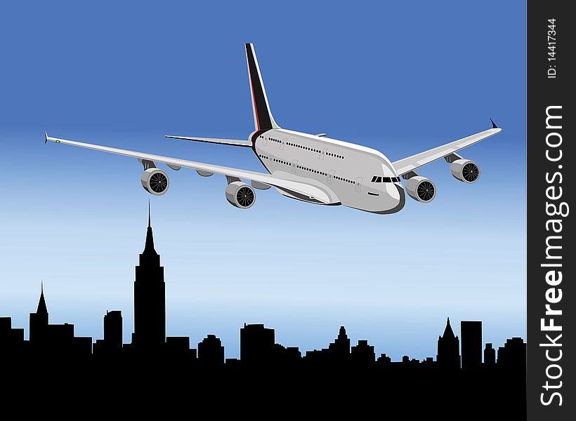 The passenger airplane flies above the large city. The passenger airplane flies above the large city