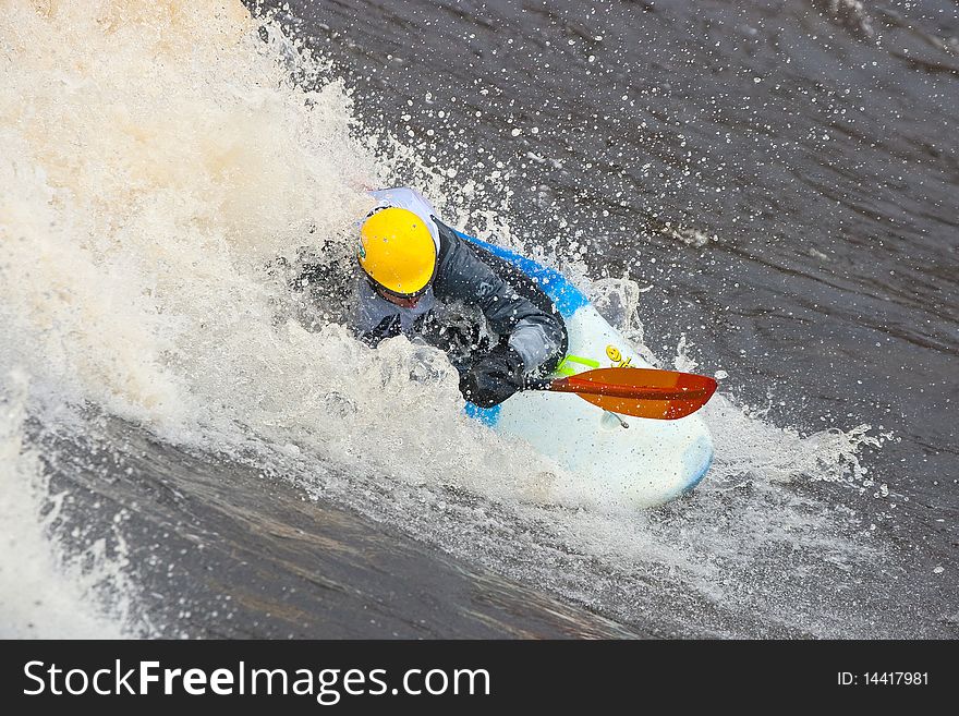 Kayak freestyle on whitewater, Russia, Msta, may 2010