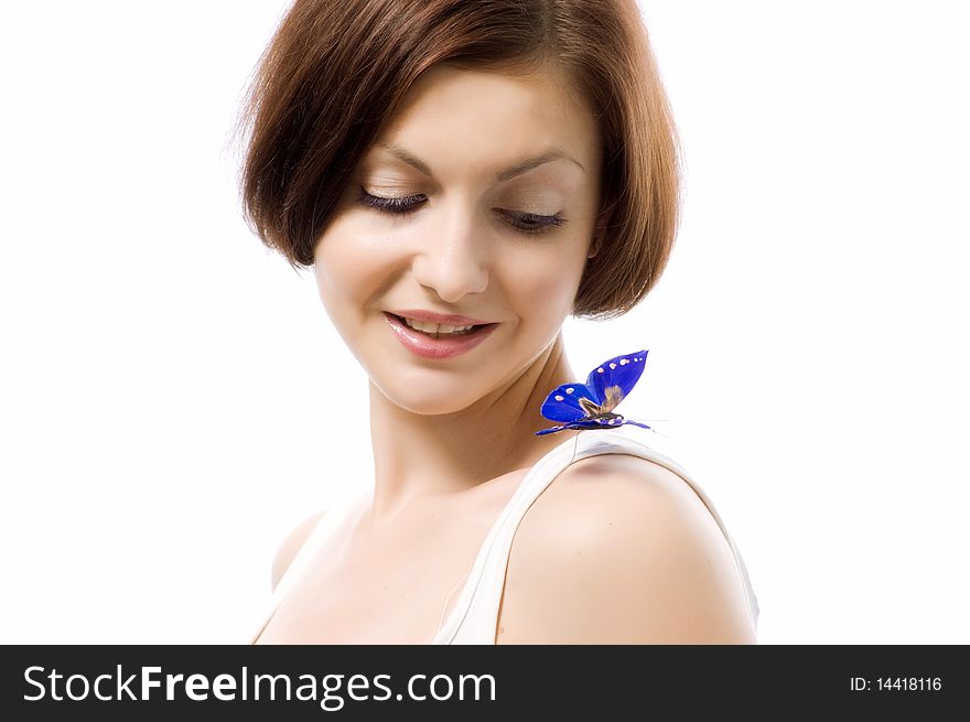 Girl with a butterfly on shoulder. Girl with a butterfly on shoulder