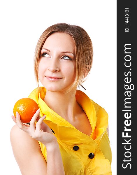 Young Pretty Girl In Yellow Dress With Oranges