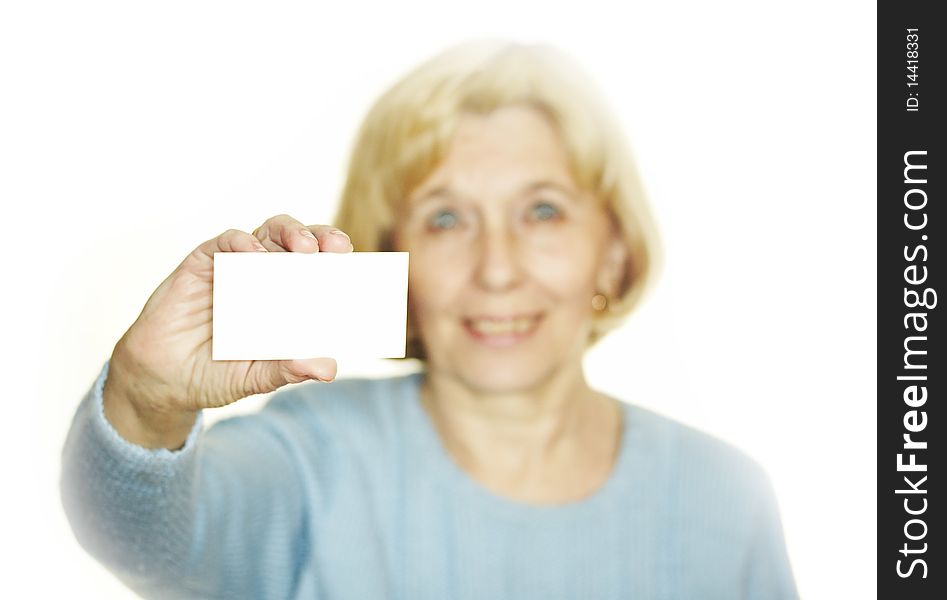 Woman showing blank business card. Woman showing blank business card