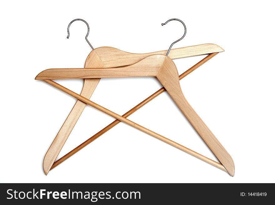 Two wooden coat hangers isolated on white background