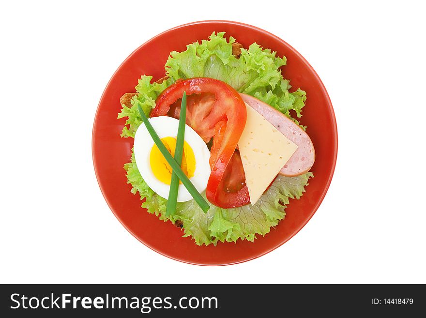 Sandwich with lettuce, egg, tomato, cheese, sausage, isolated on white