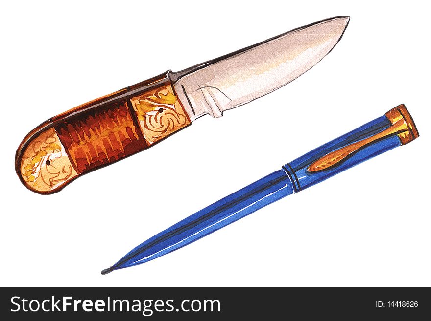 This is a knife and pen in watercolor isolated on a white background. This is a knife and pen in watercolor isolated on a white background.