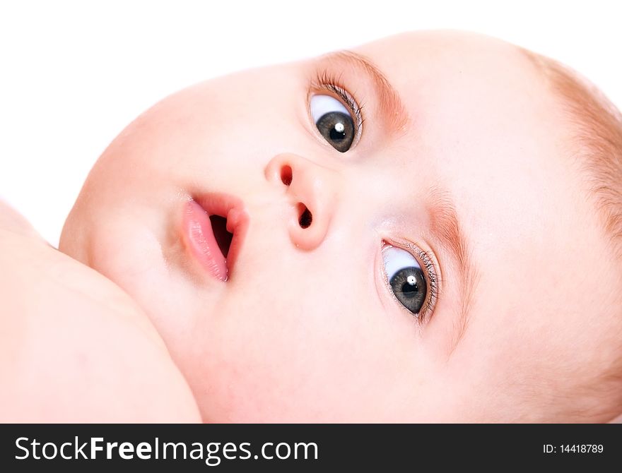 Happy newborn child on white background. Happy newborn child on white background