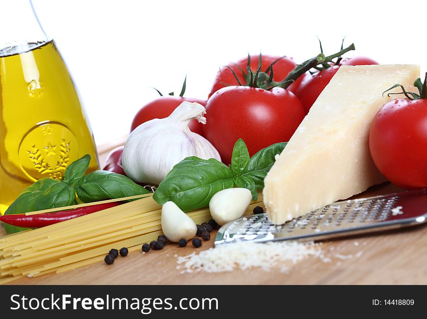 Basic Pasta Ingredients on a white background