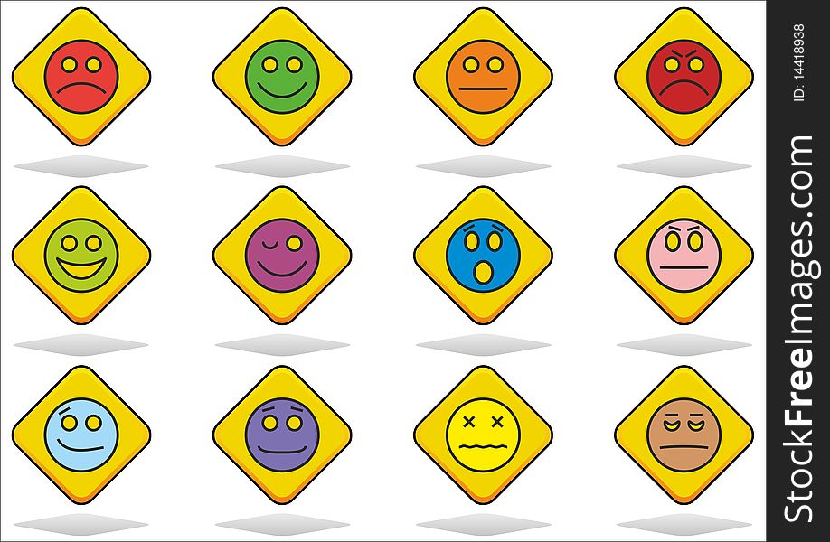 Set of twelve emoticons (happy, sad, angry). Set of twelve emoticons (happy, sad, angry).