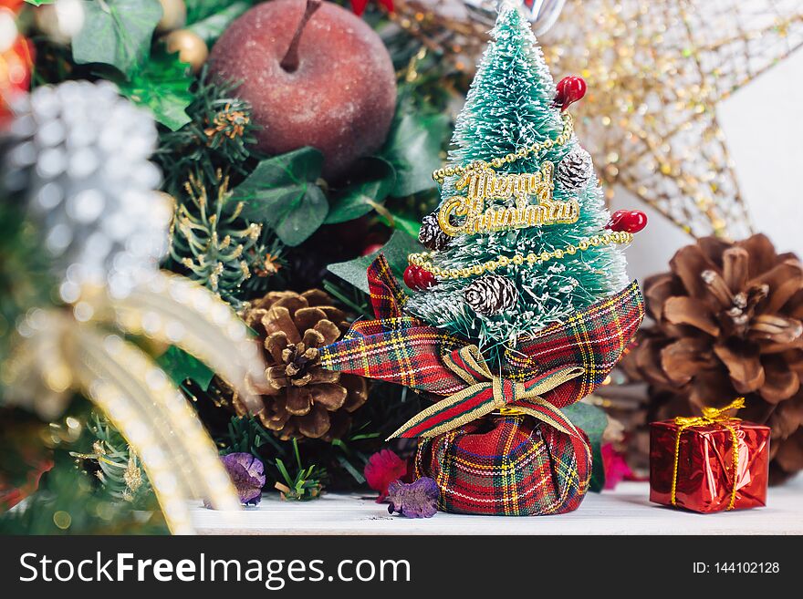 Christmas Background With Decorations And Gift Boxes On Wooden