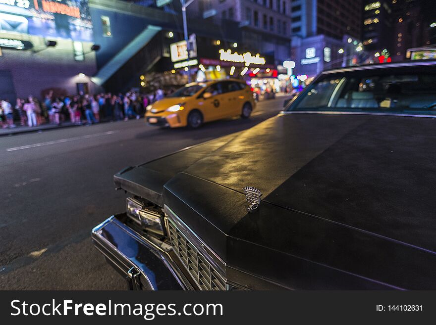 Old Classic American Car At Night In New York City, USA