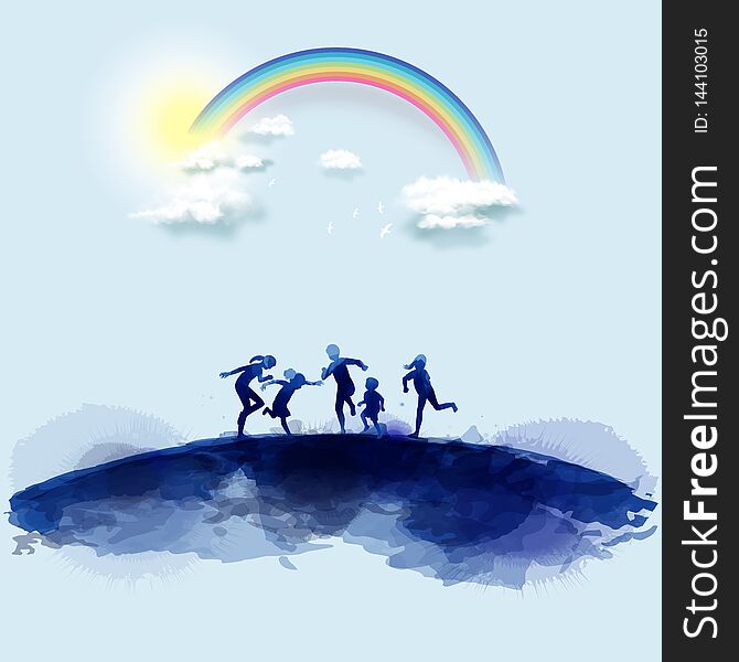 Happy kids jumping together under rainbow . Happy children`s day. Watercolor style.