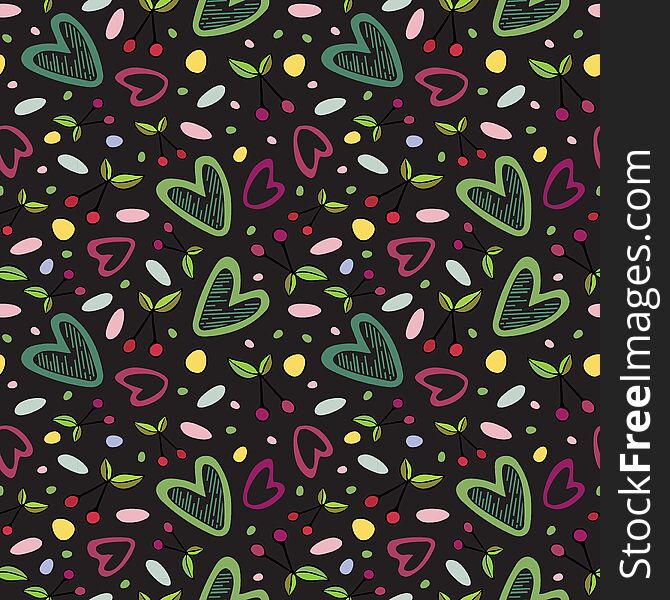 Seamless pattern with cherry and heart romantic elements on the dark background.