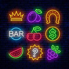 Vector Gaming Neon Icons For Casinos. Stock Image