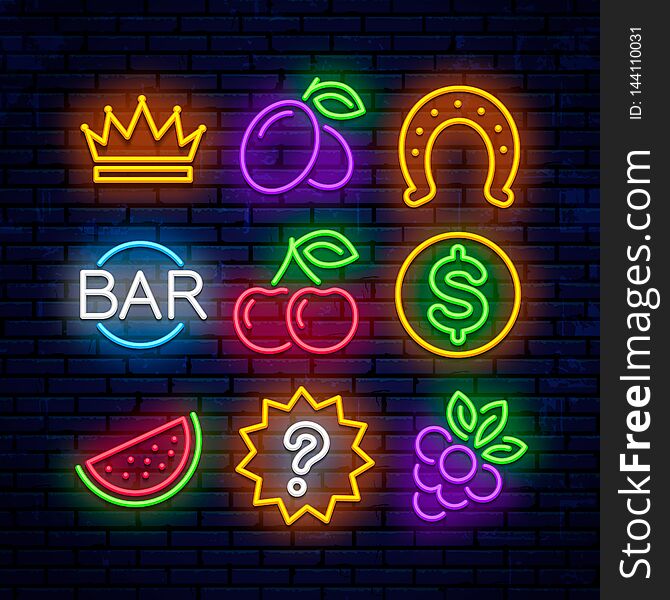 Vector gaming neon icons for casinos.