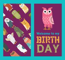 Owl Banner And Pattern Vector Illustration. Welcome To My Birthday. Cute Cartoon Wise Birds With Wings Of Different Stock Photos