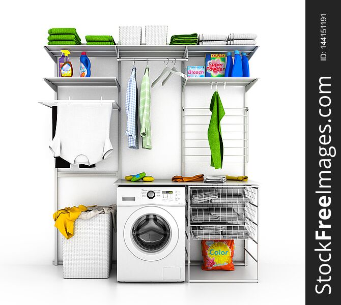 Interior of home laundry on a white wall background 3d