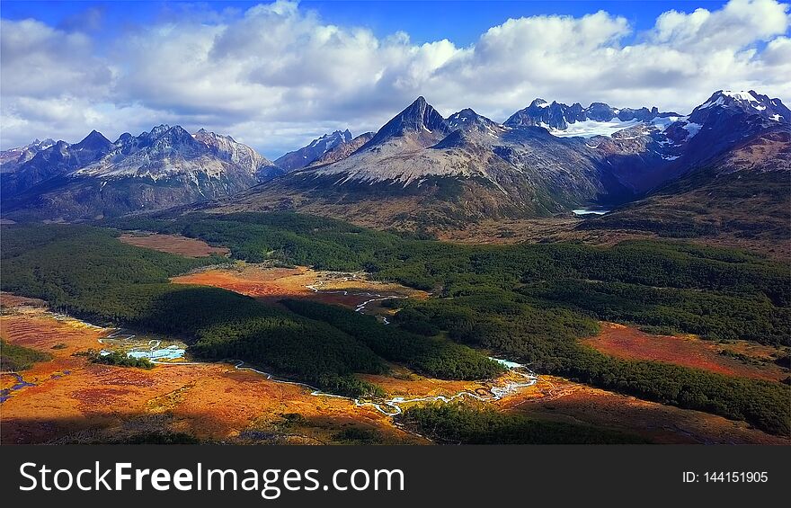 Aerial panorama of the Los Lobos valley near the town Ushuaia, Tierra del Fuego, Argentina