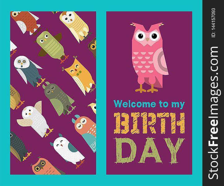 Owl banner and pattern vector illustration. Welcome to my birthday. Cute cartoon wise birds with wings of different