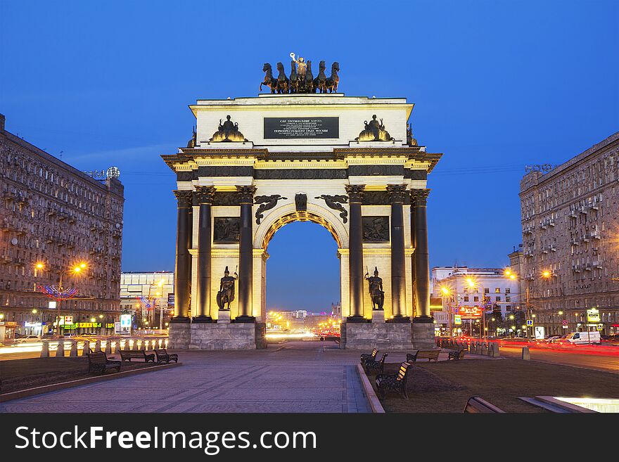 Moscow, Russia, Triumphal arch. Evening.