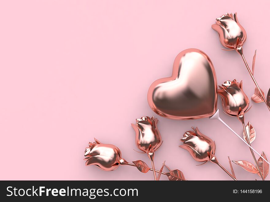 Abstract metallic pink background rose balloon heart valentine concept 3d render