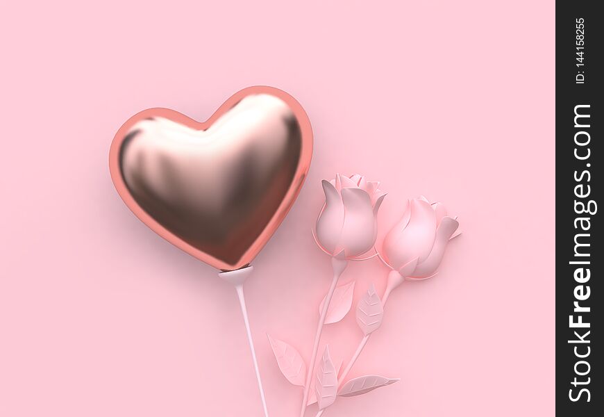 Heart balloon pink flower-rose valentine concept 3d rendering