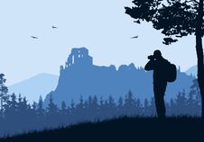 Realistic Illustration With Silhouette Of Old Castle Ruins In Mountain Landscape With Forest. Tourist With Backpack Takes Pictures Royalty Free Stock Image