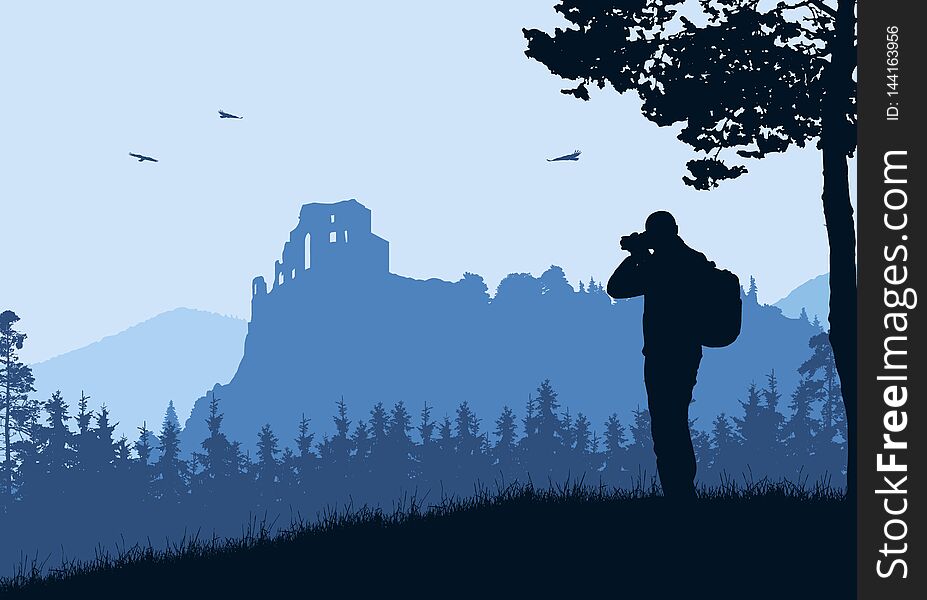 Realistic illustration with silhouette of old castle ruins in mountain landscape with forest. Tourist with backpack takes pictures