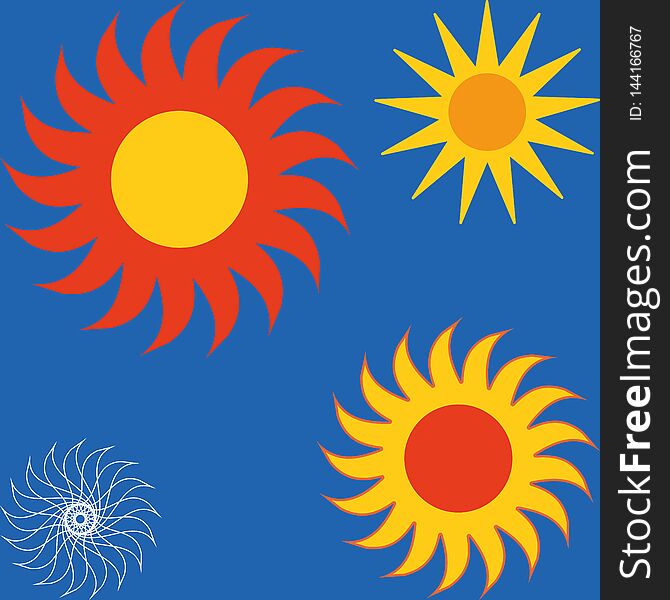 Sun icon set vector eps10. Set of yellow icons of the sun, isolated on blue background.