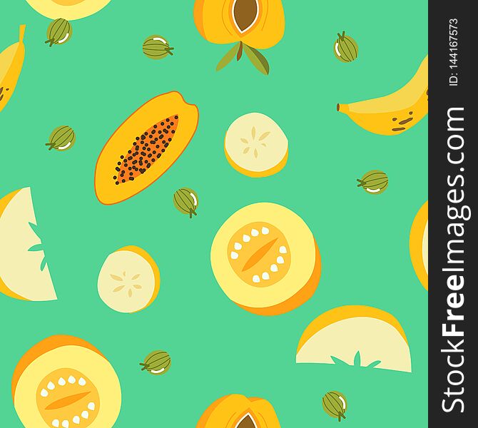 Tropical exotic fruits seamless pattern. Cute fresh organic fruits background. Vector illustration of watermelon, cherry, pear