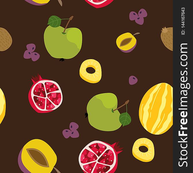 Tropical exotic fruits seamless pattern. Cute fresh organic fruits background. Vector illustration of watermelon, cherry, pear, passionfruit, banana, grape, papaya,vector illustration.