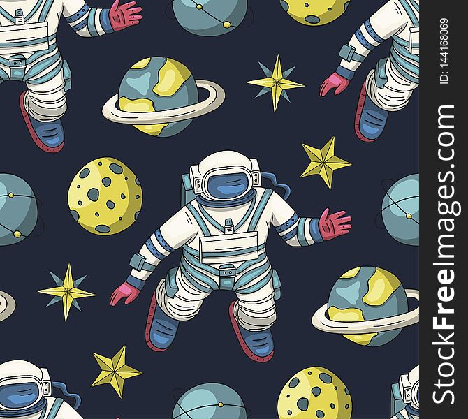 Astronaut vector seamless pattern. Cosmos cartoon illustrations. Spaceman flying in the other space. Universe galaxy cosmonaut background.