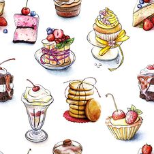 Seamless Pattern Of The Sweet Cakes. Cookies Associated With String Isolated On White Background. Drawn By Hand Watercolor Royalty Free Stock Images