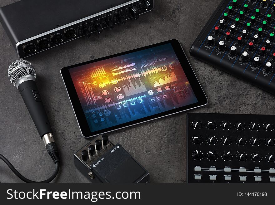 Electronic music instruments, microphone, piano, consoles and tablet with reports concept. Electronic music instruments, microphone, piano, consoles and tablet with reports concept